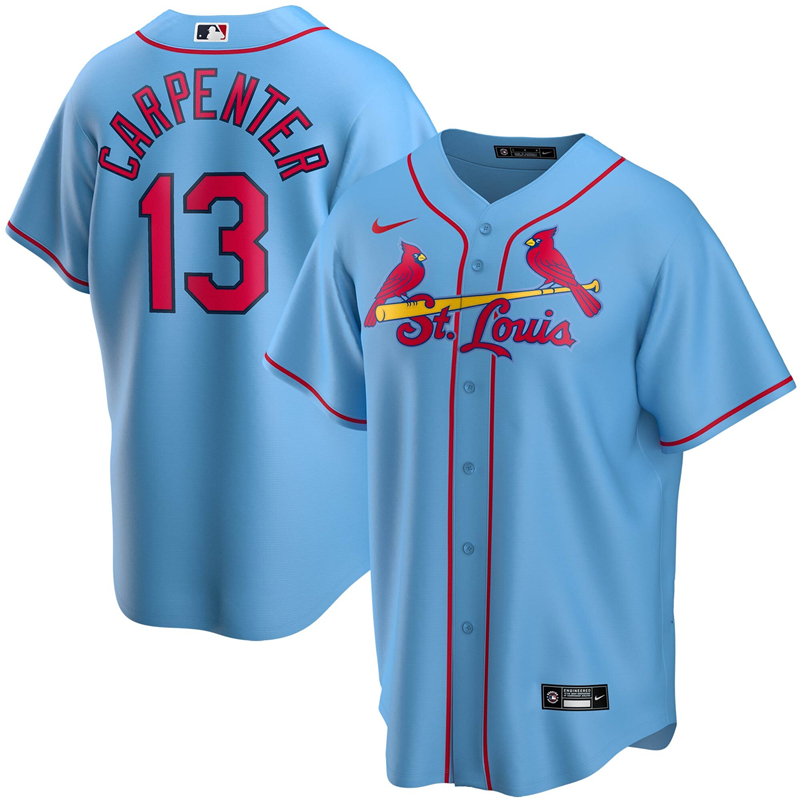 2020 MLB Men St. Louis Cardinals #13 Matt Carpenter Nike Light Blue Alternate 2020 Replica Player Jersey 1